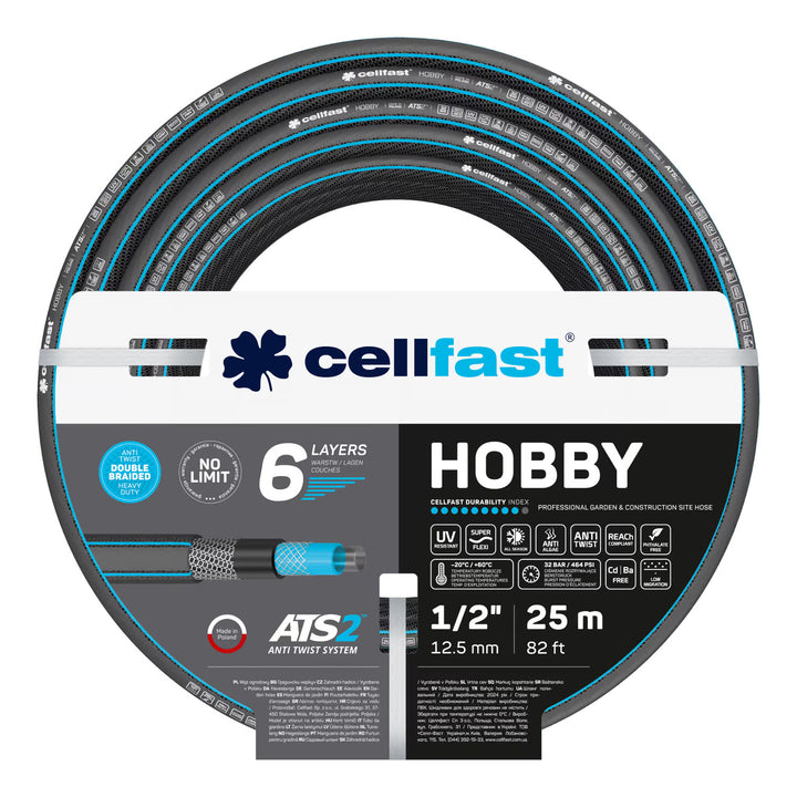 Manguera de jardín Cellfast Hobby ATS2 de 1/2" y 25 m + soporte para manguera Cellfast gris + kit con aspersor recto Cellfast Basic de 1/2"
