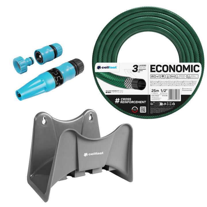 Manguera de jardín Cellfast Economic de 1/2" y 50 m + soporte para manguera Cellfast gris + kit con aspersor recto Cellfast Basic de 1/2"