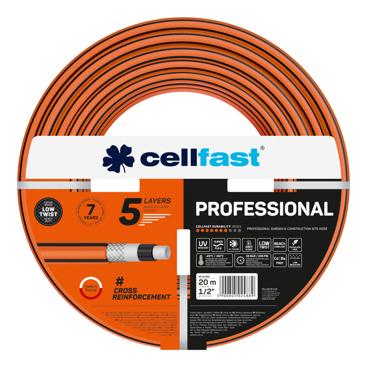 Manguera de jardín Cellfast, PROFESSIONAL 1/2" 20 m + soporte para manguera Cellfast gris +  set con aspersor recto Cellfast Basic 1/2"