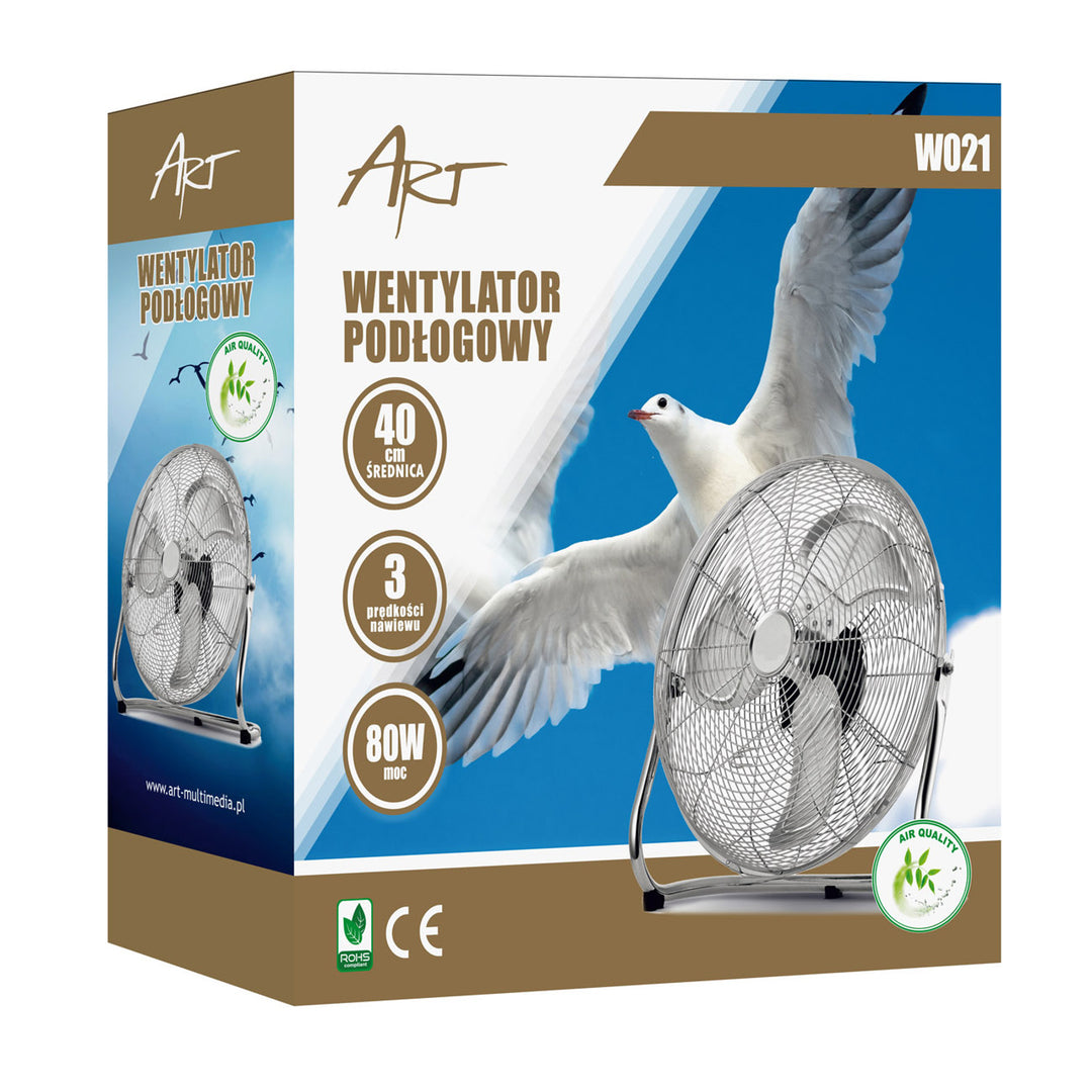Ventilador de suelo HanksAir, potencia de 80 W, 3 niveles de funcionamiento, fabricado en acero cromado, diámetro de 40 cm, longitud del cable de 1,5 m, W021