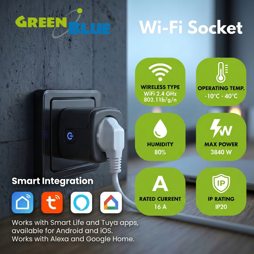 Enchufe WiFi GreenBlue con control remoto, compatible con Android/iOS/Alexa/Google Home, temporizador, medidor de potencia, máx. 16 A/3840 W, GB735 B, 2 unidades