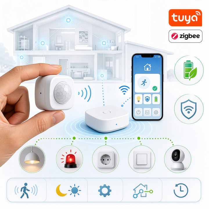 Sensor de movimiento inalámbrico Zigbee Tuya GreenBlue, Android/iOS, CR2450 DC 3,0 V, ángulo de detección de 120° / hasta 8 m, GB740, 2 unidades