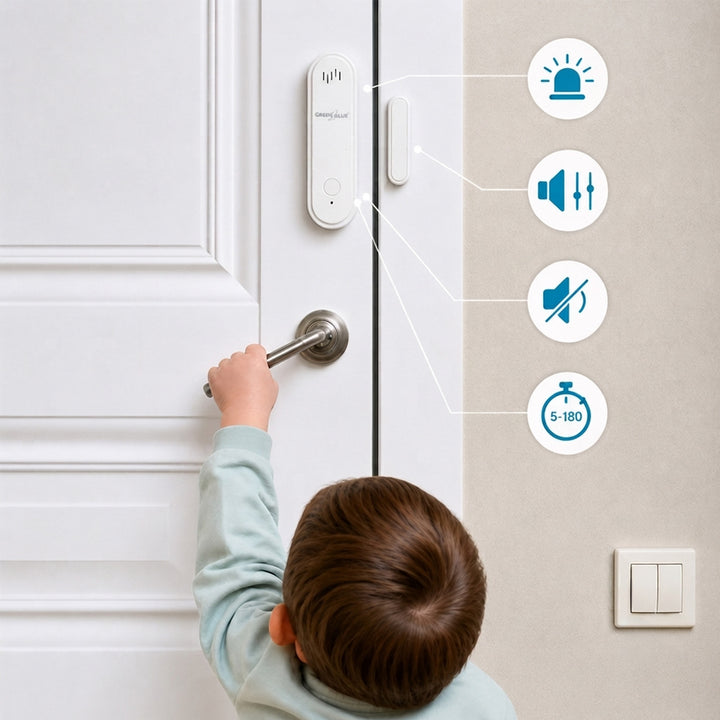Contactor inalámbrico / sensor de apertura WiFi GreenBlue, Android/iOS, para puertas / ventanas, 3,0 V CC, LR03x2, con alarma, GB478, 2 juegos