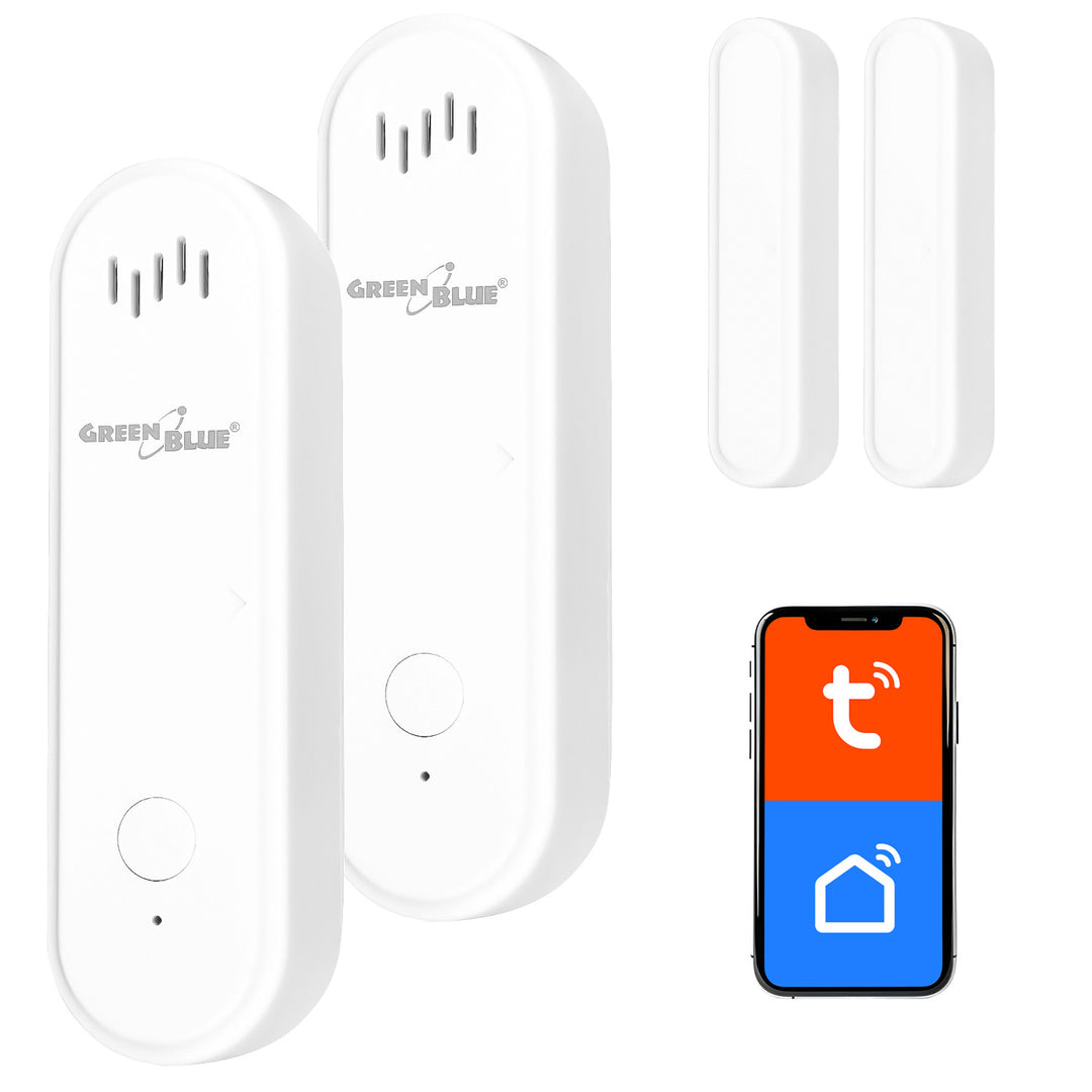 Contactor inalámbrico / sensor de apertura WiFi GreenBlue, Android/iOS, para puertas / ventanas, 3,0 V CC, LR03x2, con alarma, GB478, 2 juegos