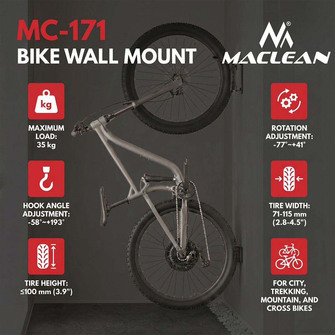 Soporte de pared para bicicletas Maclean, carga máxima de 35 kg, ángulo de inclinación ajustable, acero, MC-171, 3 unidades