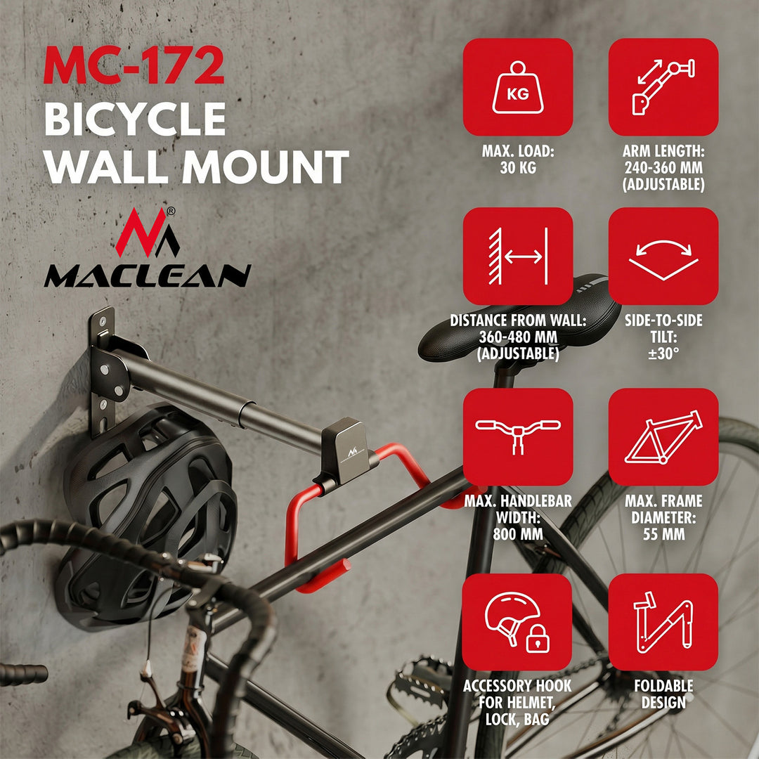 Soporte/colgador de pared para bicicletas Maclean, horizontal, acero, carga máxima de 30 kg, ángulo ajustable, MC-172, 4 unidades