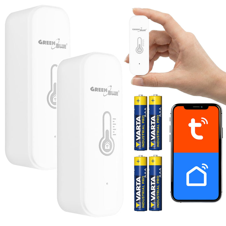 Sensor de temperatura y humedad WiFi GreenBlue, compatible con Android/iOS/Alexa/Google Home, 3,0 V CC, LR03x2, GB737 (2 unidades) + 4 pilas alcalinas AAA Varta Industrial 4003