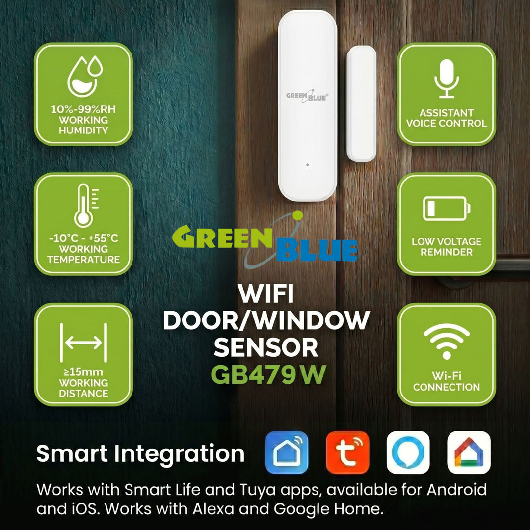 Contactor inalámbrico / sensor de apertura WiFi GreenBlue, Android/iOS, para puertas / ventanas, 3,0 V CC, LR03x2, GB479, 2 unidades + 4 pilas alcalinas AAA Varta Industrial 4003