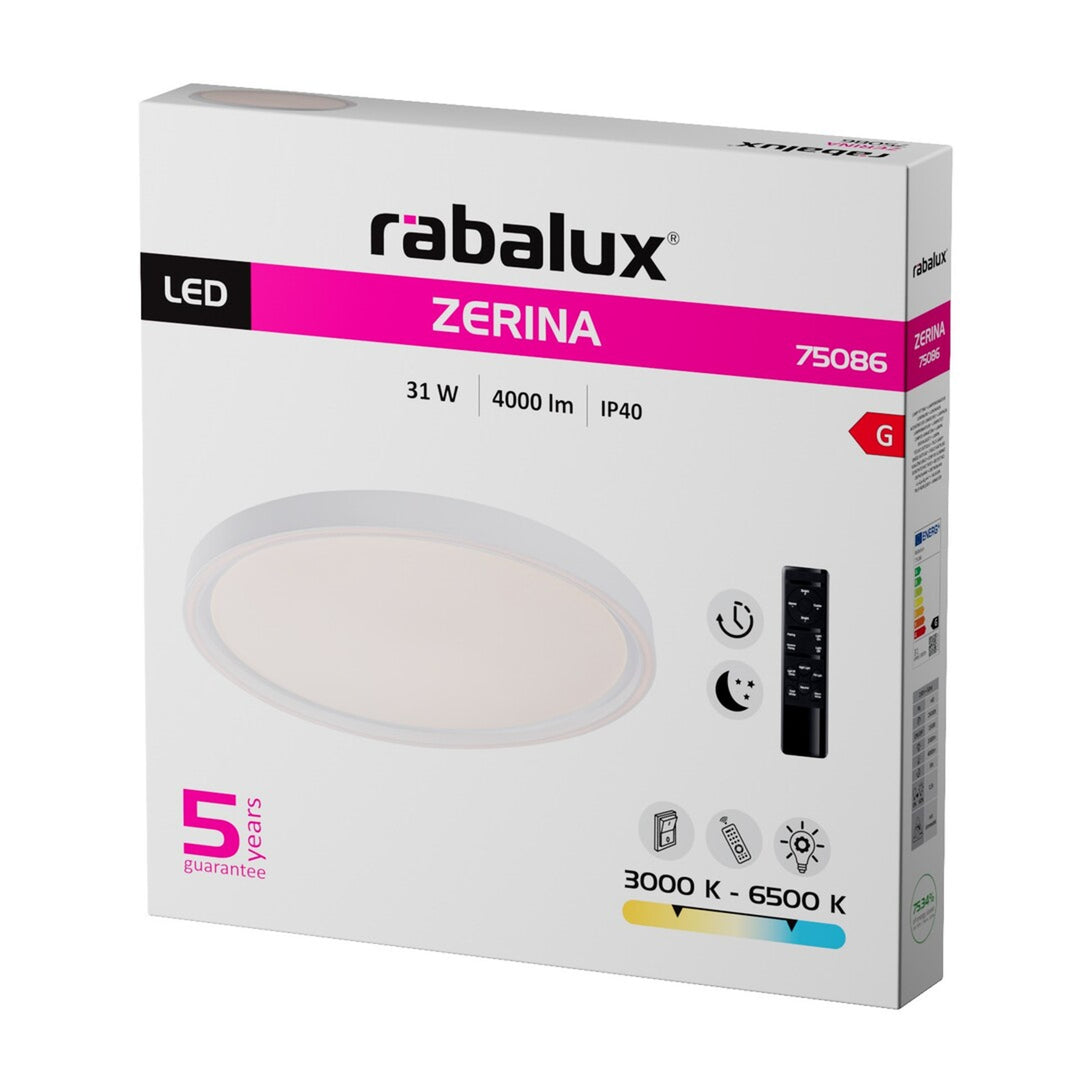Lámpara de techo Rabalux Zerina, 31 W, IP40, blanca, 3000-6500 K, función de memoria, con mando a distancia, función de temporizador, efecto de luz nocturna, 75086