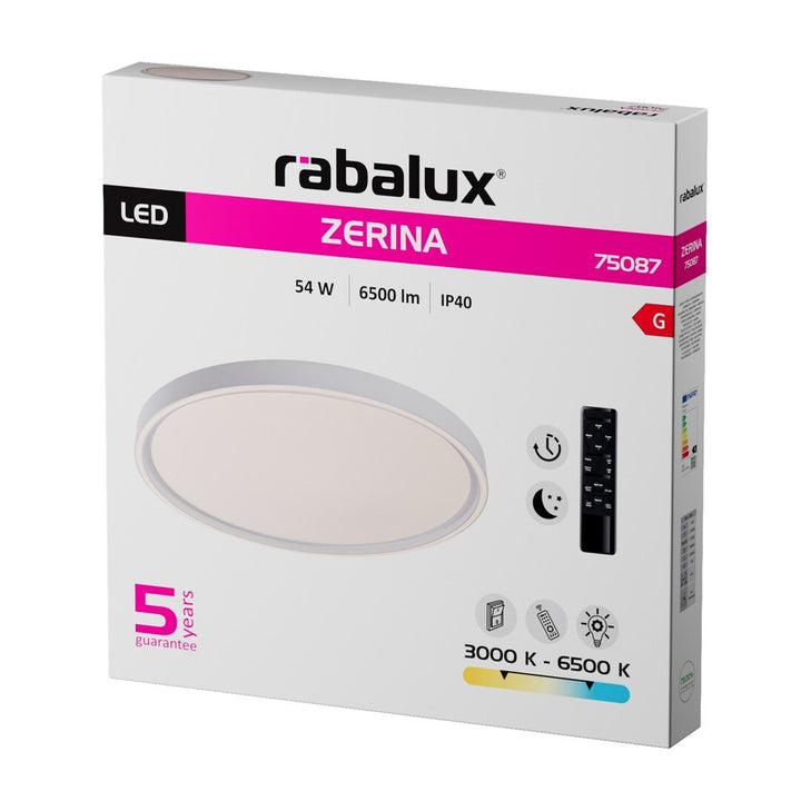 Lámpara de techo Rabalux Zerina, 54 W, IP40, blanca, 3000-6500 K, función de memoria, con mando a distancia, función de temporizador, efecto de luz nocturna, 75087