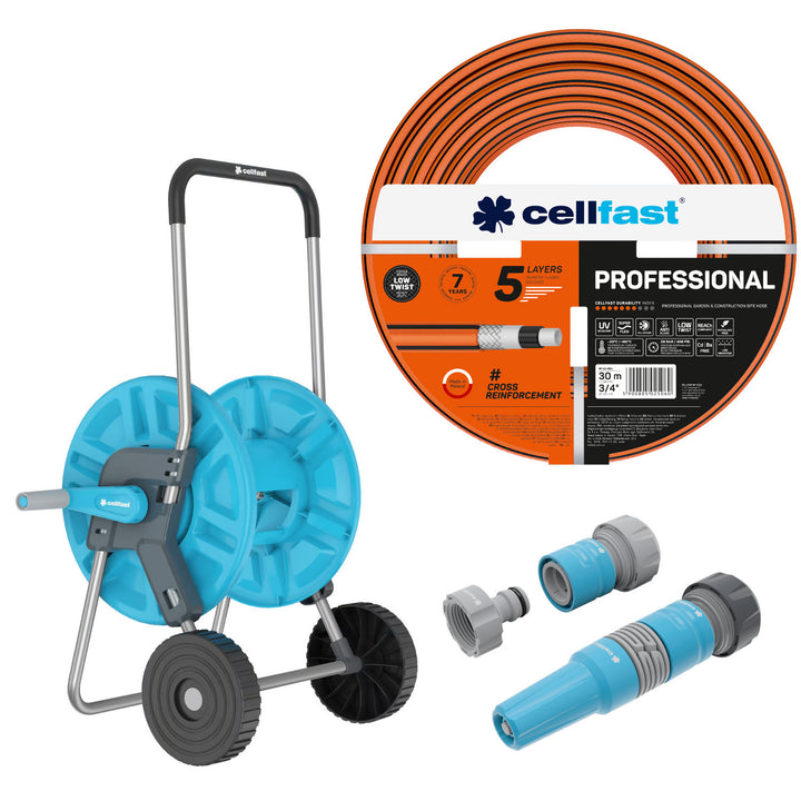 Manguera de jardín Cellfast, PROFESSIONAL 3/4" 30 m + Juego con aspersor recto 3/4" IDEAL + Carrito para manguera Cellfast Aluplus 1/2" 60 m