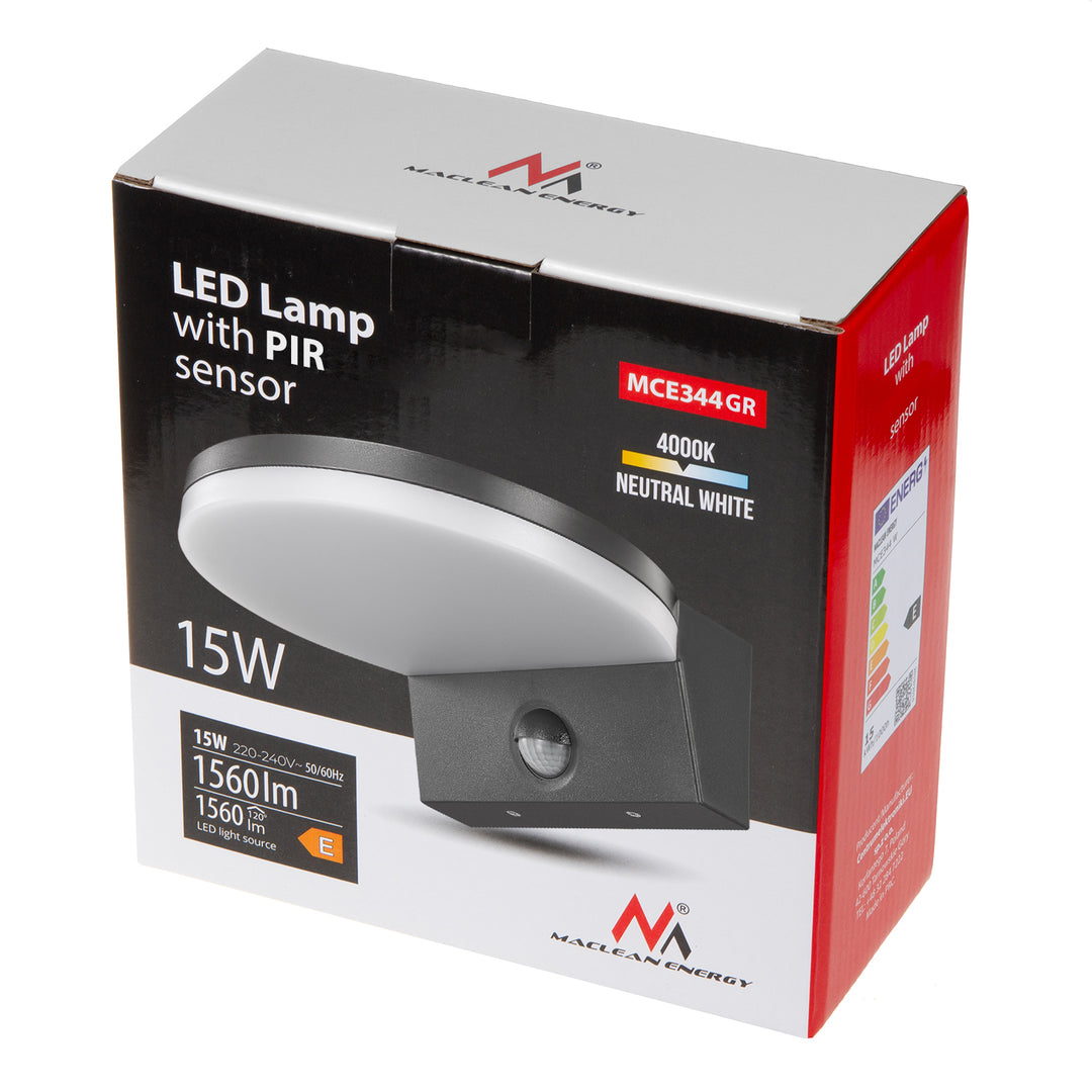 Lámpara LED con sensor de movimiento Maclean, sensor de movimiento PIR, color gris, 15 W, IP65, 1560 lm, luz blanca neutra (4000 K) MCE344 GR, 2 unidades