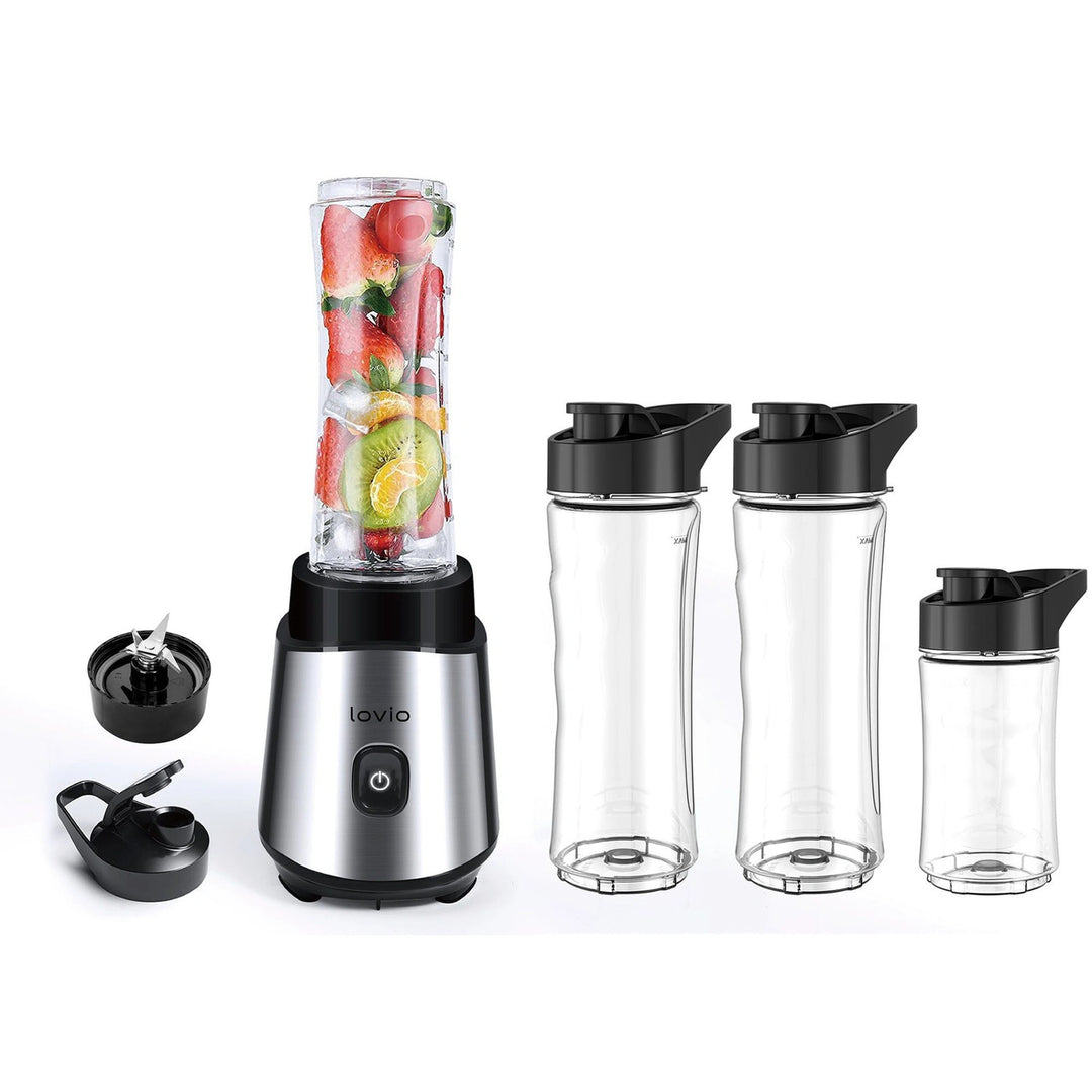 Batidora con vaso LOVIO LVJBL001, potencia de 500 W, vaso de cristal de 600 ml, 3 botellas
