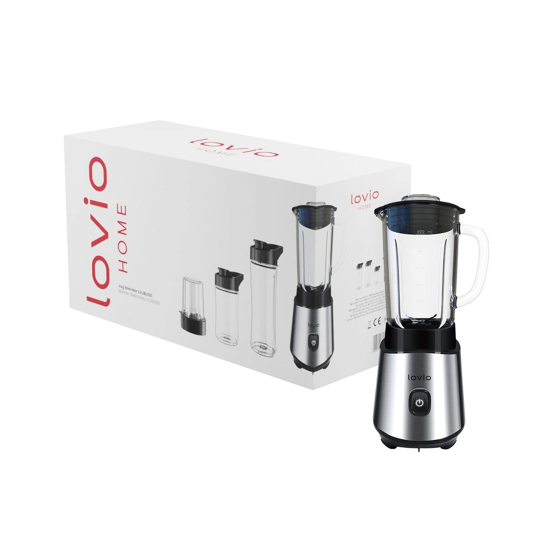 Batidora con vaso LOVIO LVJBL001, potencia de 500 W, vaso de cristal de 600 ml, 3 botellas