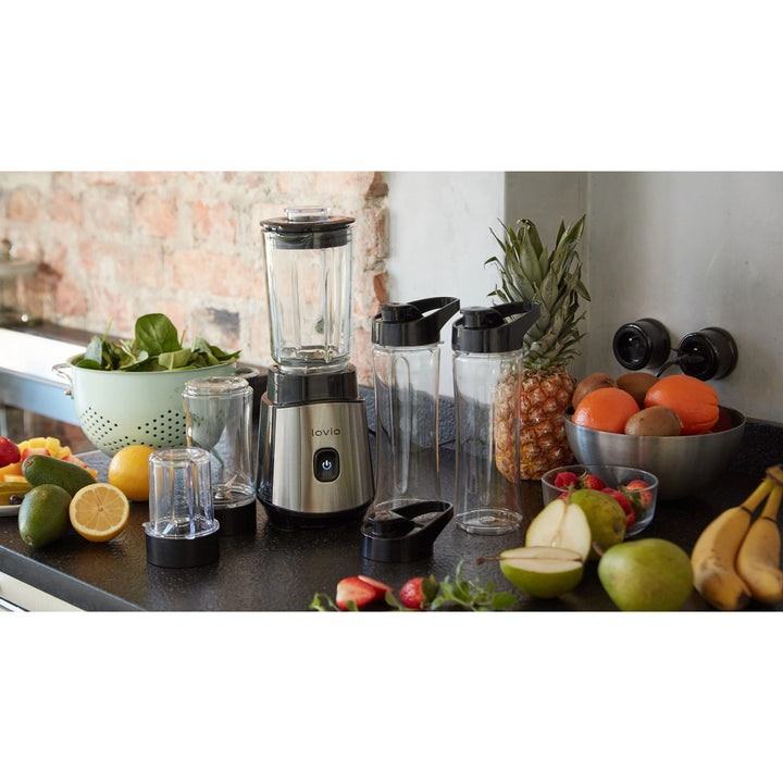 Batidora con vaso LOVIO LVJBL001, potencia de 500 W, vaso de cristal de 600 ml, 3 botellas