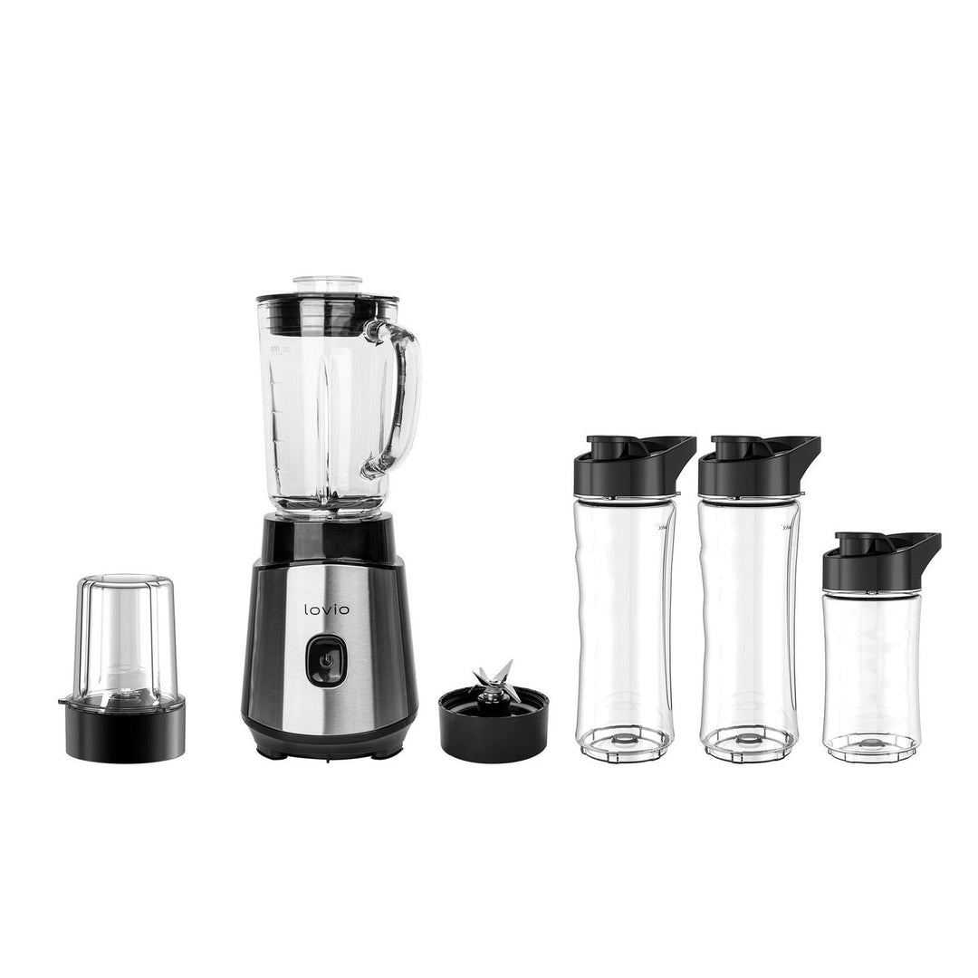Batidora con vaso LOVIO LVJBL001, potencia de 500 W, vaso de cristal de 600 ml, 3 botellas