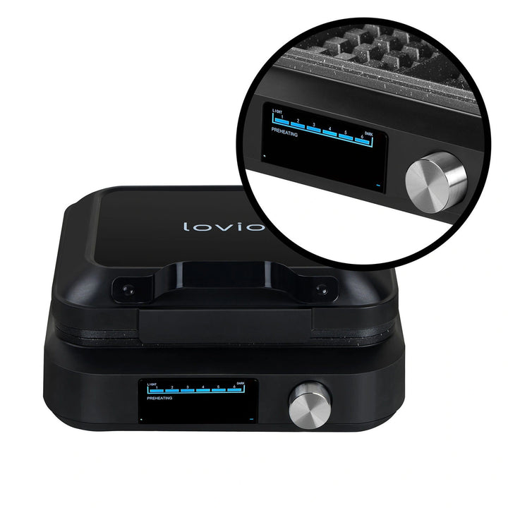 Máquina para hacer gofres LOVIO PerfectCrisp, 2 gofres grandes, 1500 W, 6 niveles de cocción, LVWF002BK