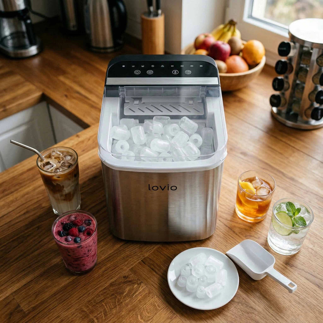 Máquina de hielo doméstica Lovio Crystal Ice Plus, de acero, color plateado, hielo rápido