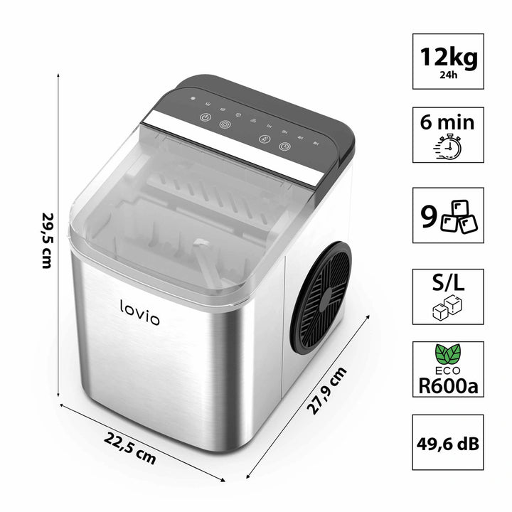Máquina de hielo doméstica Lovio Crystal Ice Plus, de acero, color plateado, hielo rápido