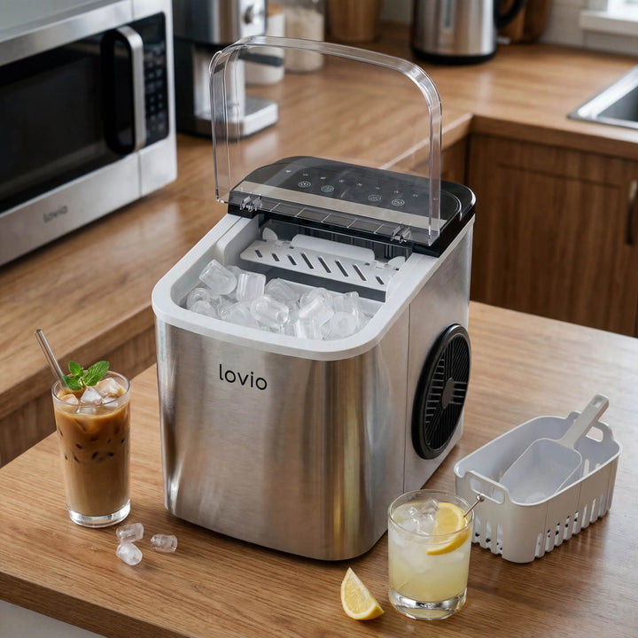 Máquina de hielo doméstica Lovio Crystal Ice Plus, de acero, color plateado, hielo rápido