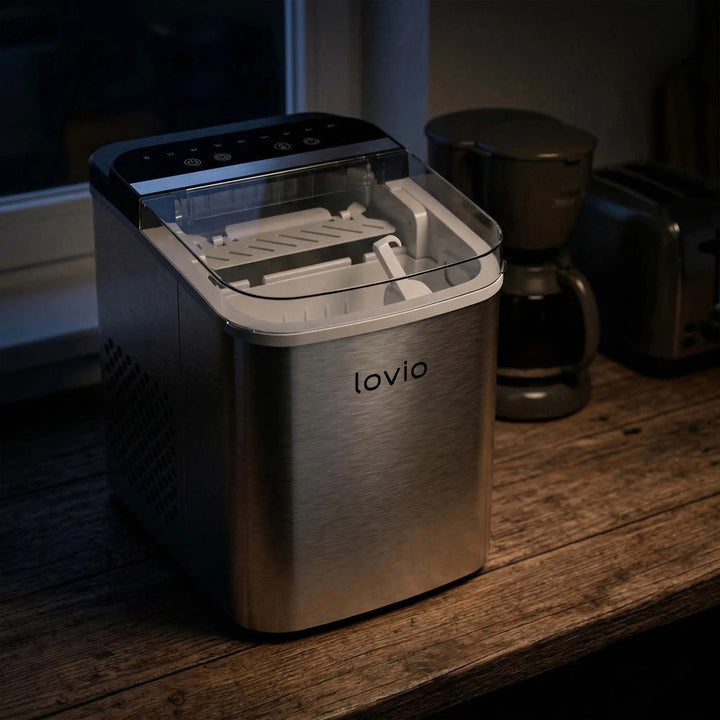 Máquina de hielo doméstica Lovio Crystal Ice Plus, de acero, color plateado, hielo rápido