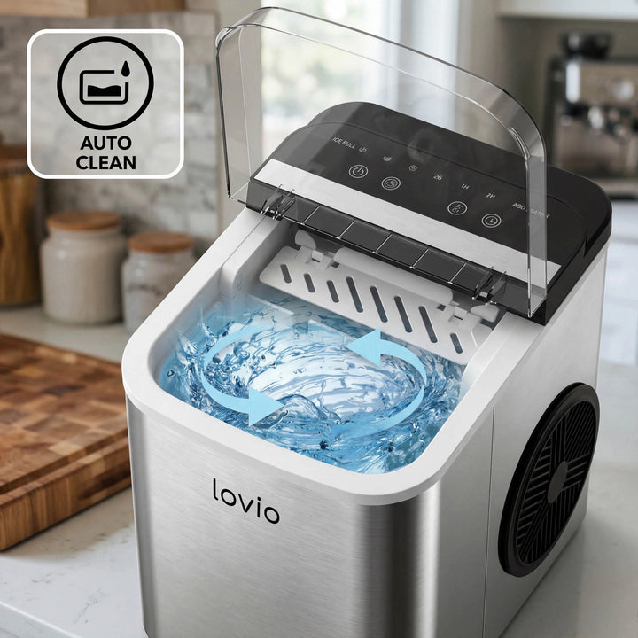 Máquina de hielo doméstica Lovio Crystal Ice Plus, de acero, color plateado, hielo rápido