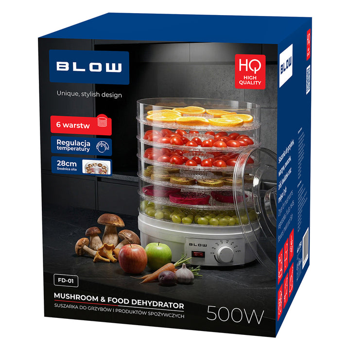 Secador de setas, verduras y frutas Blow, potencia de 500 W, 6 bandejas incluidas, regulación de temperatura de 35 a 75 °C, 44-175