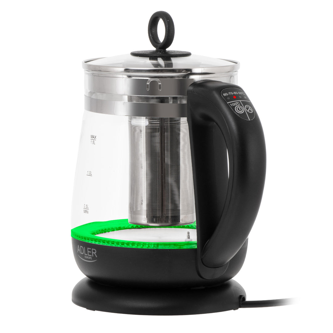 Hervidor de cristal de 1,5 l con infusor y control de temperatura de 2200 W, LED, 60-100 °C, Adler AD 1299, negro