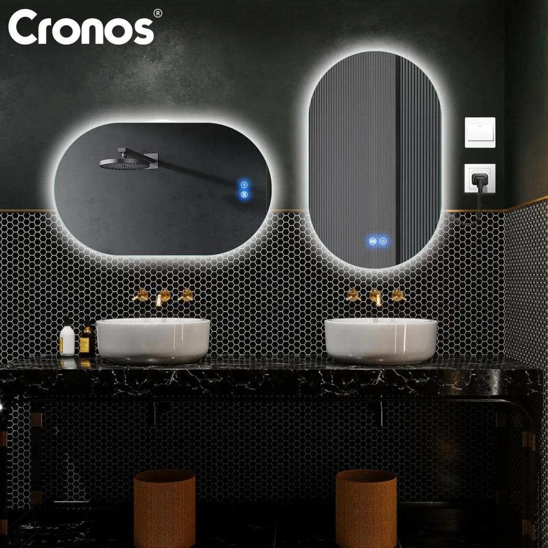 Espejo calefactado Cronos, ovalado, 50 x 80 cm, LED en tres colores, protección IP44, sistema antivaho