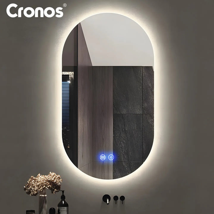 Espejo calefactado Cronos, ovalado, 50 x 80 cm, LED en tres colores, protección IP44, sistema antivaho