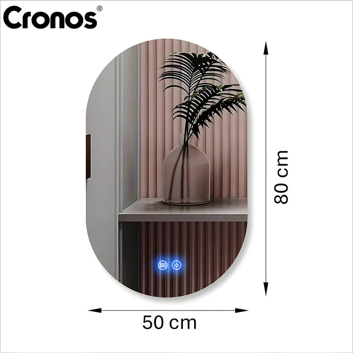 Espejo calefactado Cronos, ovalado, 50 x 80 cm, LED en tres colores, protección IP44, sistema antivaho