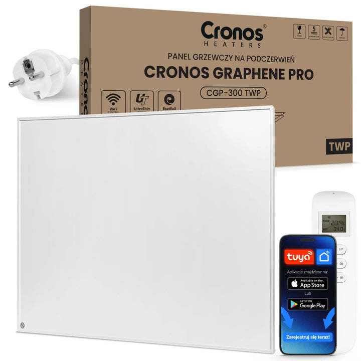 Panel calefactor por infrarrojos Cronos Graphene, potencia de 300 W, color blanco, calienta estancias de hasta 8 m², mando a distancia, PRO CGP-300TWP