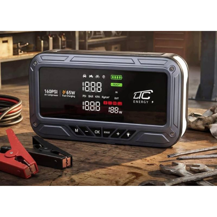 Arranque de emergencia LTC, 12 000 mAh, con compresor, linterna y batería externa, pantalla LCD, potencia de 65 W, cables y funda incluidos, LXJS120