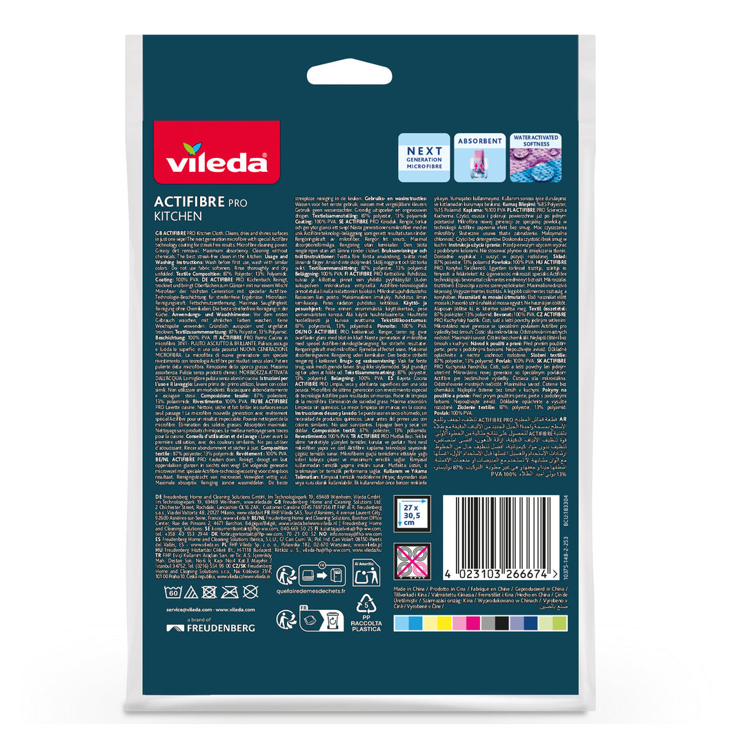 Paño de cocina Vileda Actifibre Pro, 1 unidad, de microfibra, revestimiento de PVA, lavable hasta 60 °C, 183303