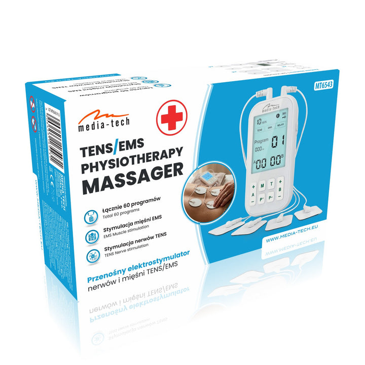 Aparato de masaje y electroestimulador muscular, TENS/EMS, estimulación 3 en 1, Mediatech, MT6543