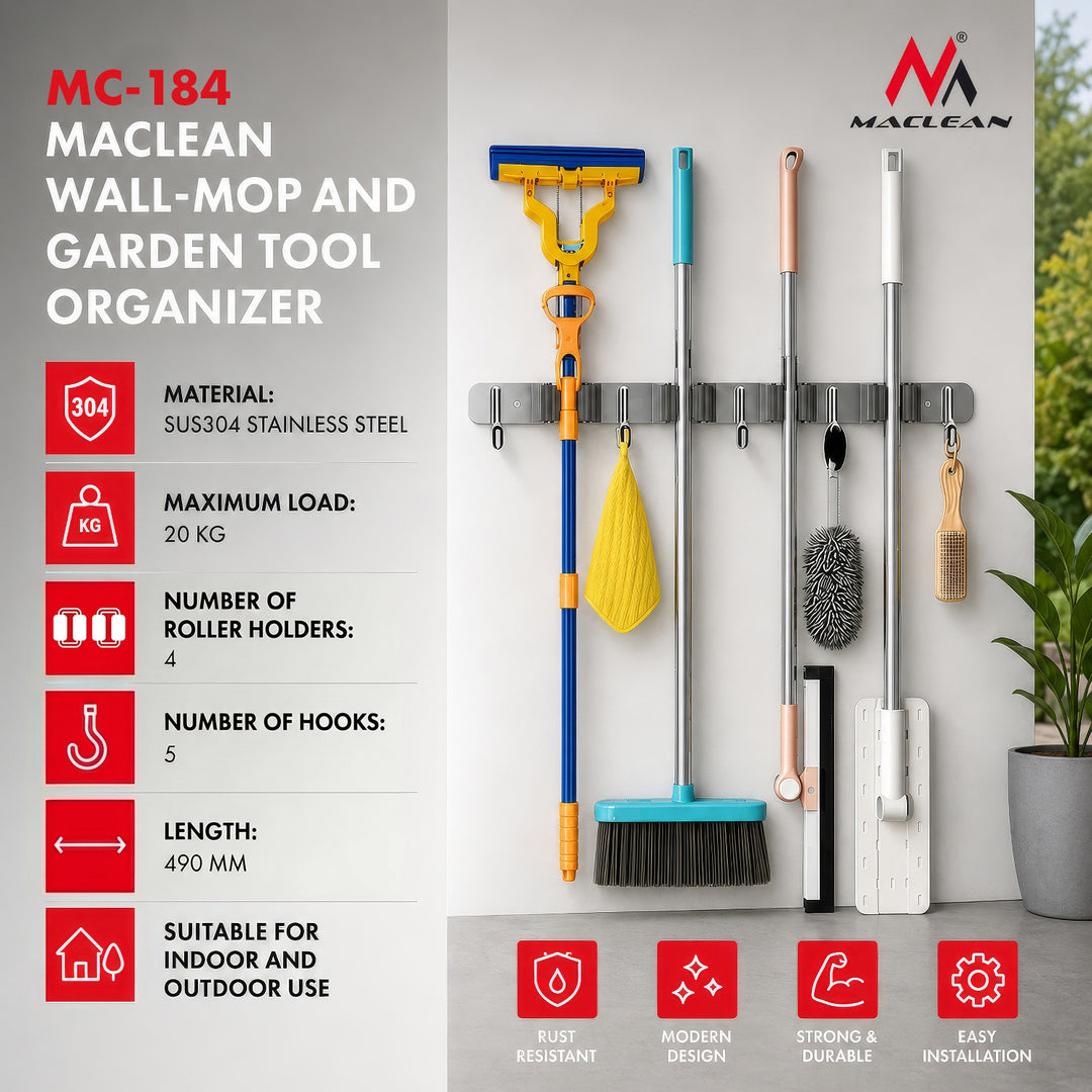Organizador de pared para herramientas de jardín y fregonas Maclean, de acero, con ganchos, carga máxima de 20 kg, 49 cm de ancho, MC-184, 2 unidades