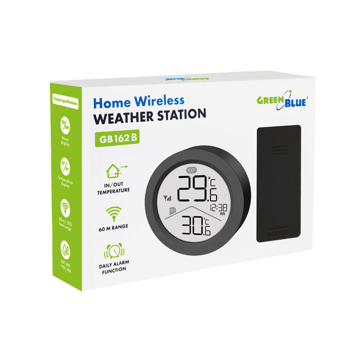 Estación meteorológica inalámbrica GreenBlue, temperatura interior/exterior, reloj, selección de °C o °F, alcance de hasta 60 m, color negro, GB162 B + 4 pilas alcalinas AAA Varta Industrial