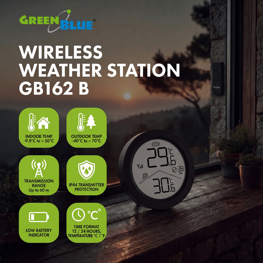 Estación meteorológica inalámbrica GreenBlue, temperatura interior/exterior, reloj, selección de °C o °F, alcance de hasta 60 m, color negro, GB162 B + 4 pilas alcalinas AAA Varta Industrial