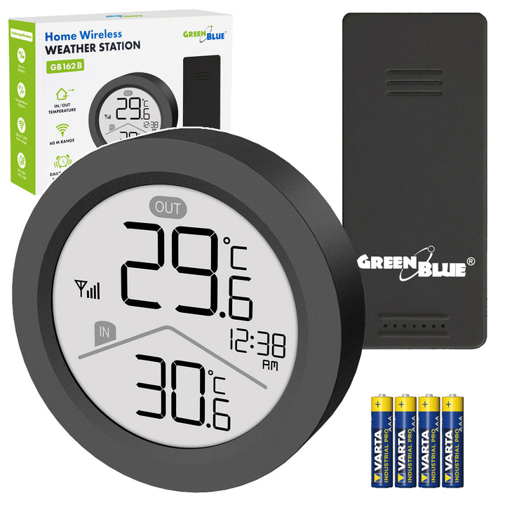 Estación meteorológica inalámbrica GreenBlue, temperatura interior/exterior, reloj, selección de °C o °F, alcance de hasta 60 m, color negro, GB162 B + 4 pilas alcalinas AAA Varta Industrial
