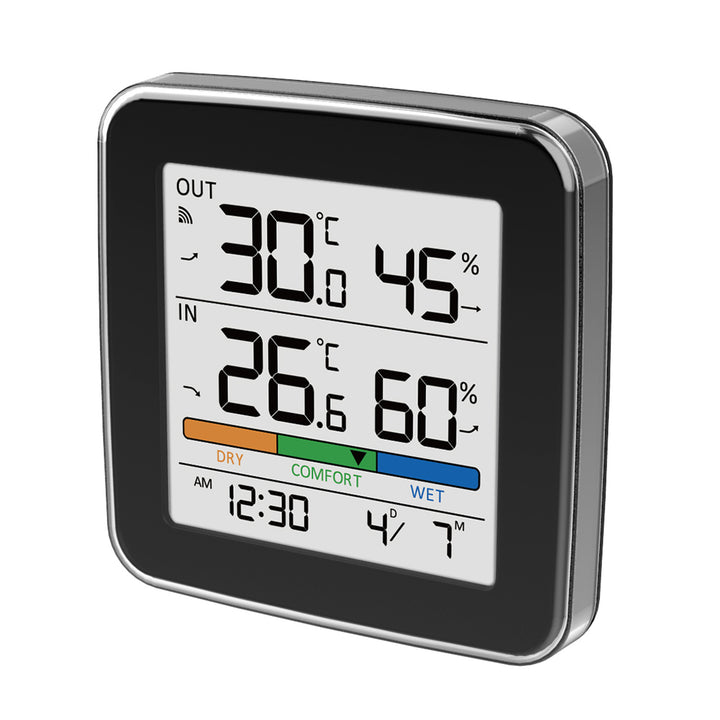 Estación meteorológica inalámbrica GreenBlue, temperatura y humedad interior/exterior, reloj, alarma y fecha, °C / °F, hasta 60 m, negra, GB169 B + 4 pilas alcalinas AAA Varta Industrial