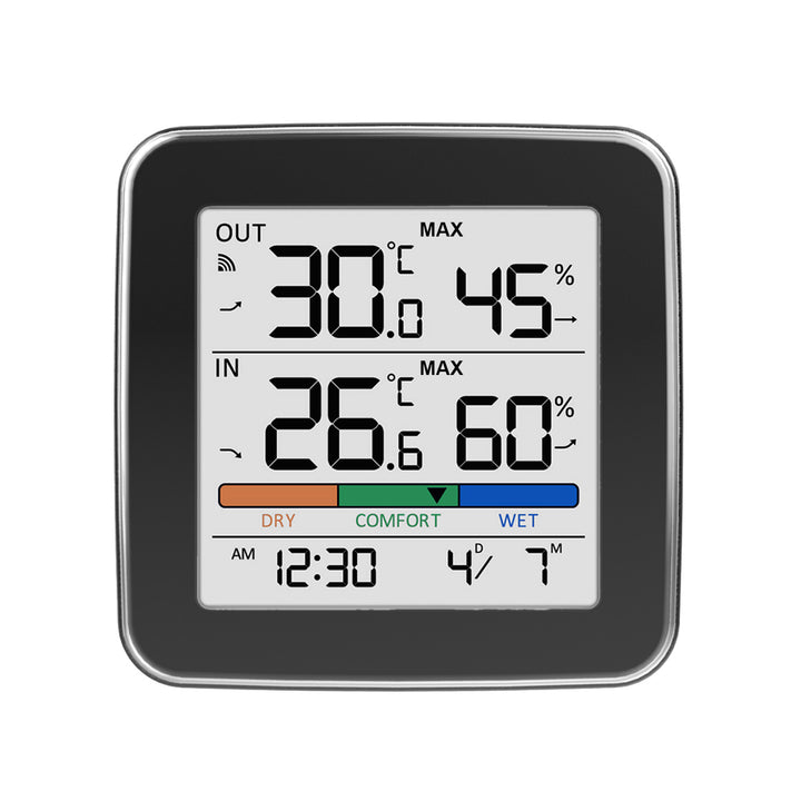 Estación meteorológica inalámbrica GreenBlue, temperatura y humedad interior/exterior, reloj, alarma y fecha, °C / °F, hasta 60 m, negra, GB169 B + 4 pilas alcalinas AAA Varta Industrial