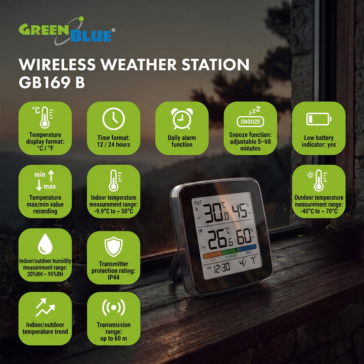 Estación meteorológica inalámbrica GreenBlue, temperatura y humedad interior/exterior, reloj, alarma y fecha, °C / °F, hasta 60 m, negra, GB169 B + 4 pilas alcalinas AAA Varta Industrial