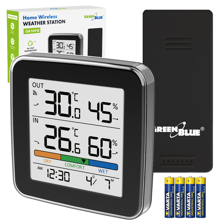 Estación meteorológica inalámbrica GreenBlue, temperatura y humedad interior/exterior, reloj, alarma y fecha, °C / °F, hasta 60 m, negra, GB169 B + 4 pilas alcalinas AAA Varta Industrial