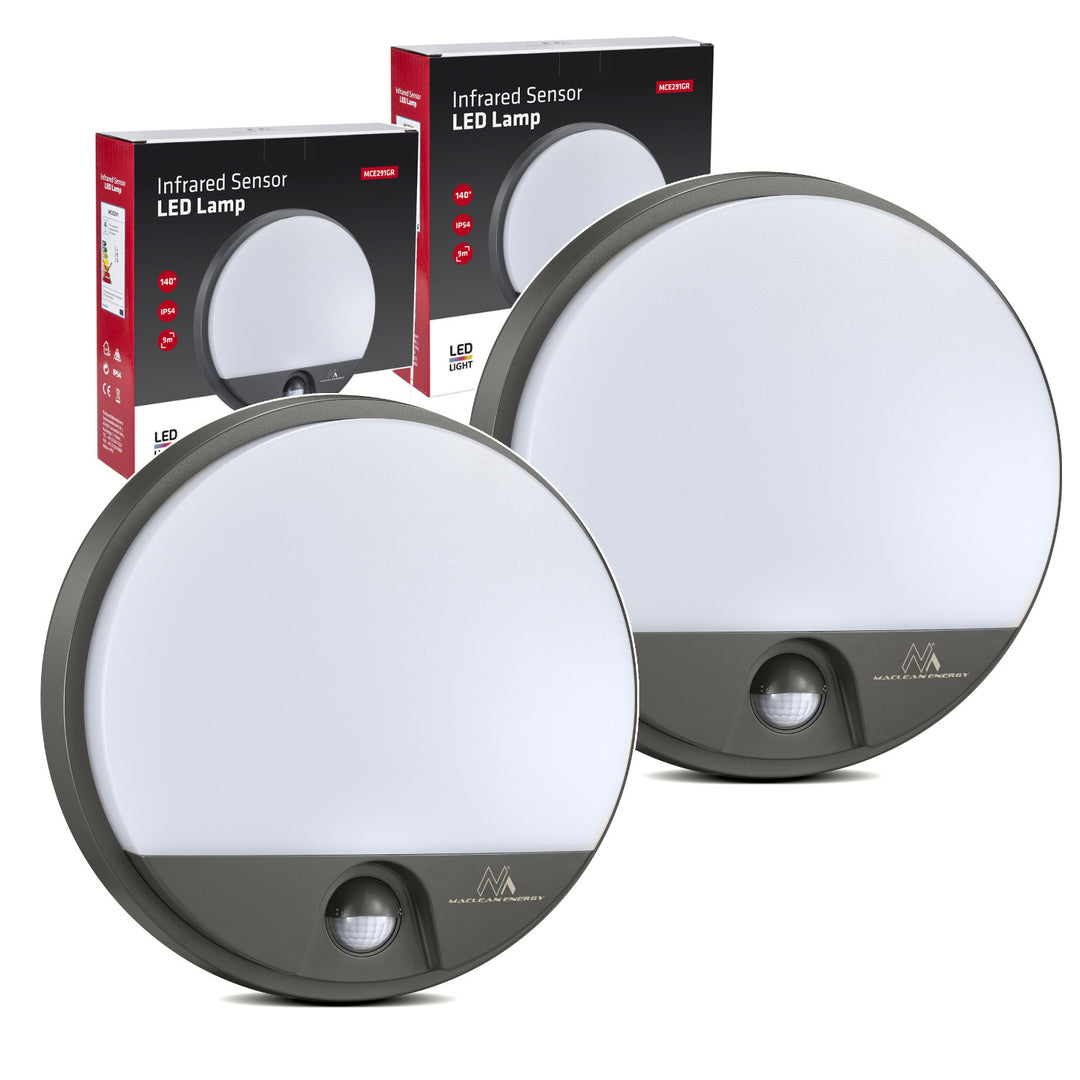 Lámpara LED con sensor de movimiento Maclean, sensor PIR, color gris, 15 W, IP54, 1100 lm, luz neutra, MCE291 W, 2 unidades