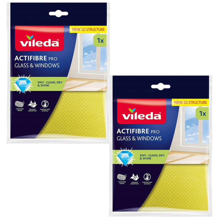 Paño Vileda Actifibre Pro para cristales y ventanas, apto para lavadora, revestimiento de PVA, sin marcas ni manchas, limpia solo con agua, 183298, 2 unidades