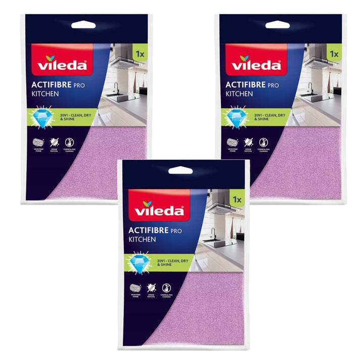 Paño de cocina Vileda Actifibre Pro, de microfibra, con recubrimiento de PVA, lavable hasta 60 °C, 183303, 3 unidades