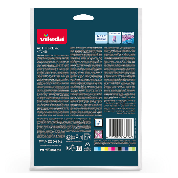 Paño de cocina Vileda Actifibre Pro, de microfibra, con recubrimiento de PVA, lavable hasta 60 °C, 183303, 4 unidades