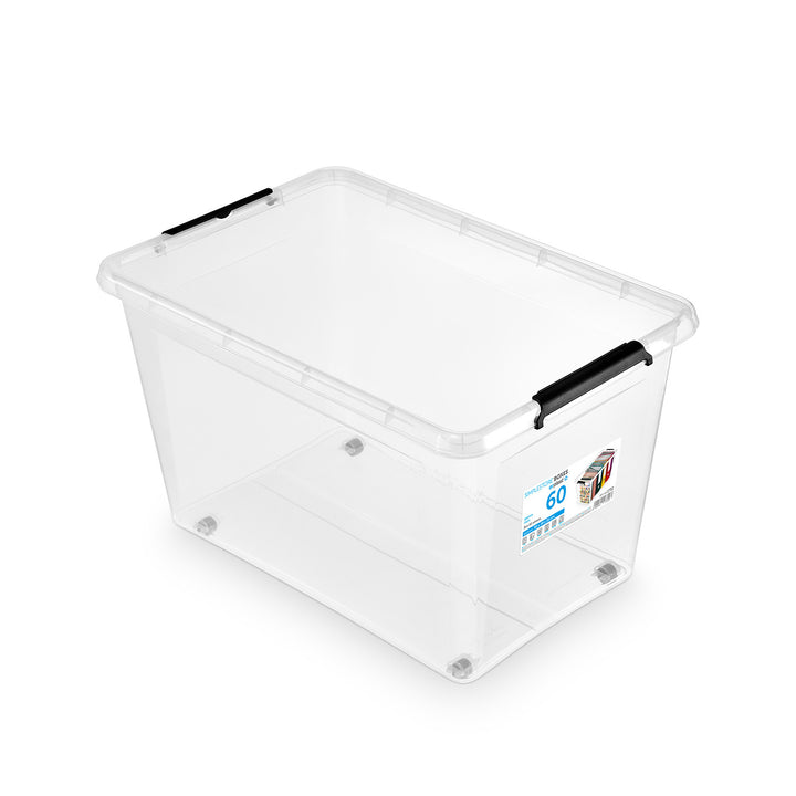 Contenedor Moxom SimpleStore, capacidad de 60 l, transparente, tapa con cierres a presión, con ruedas, sin BPA, 04-0081, 2 unidades
