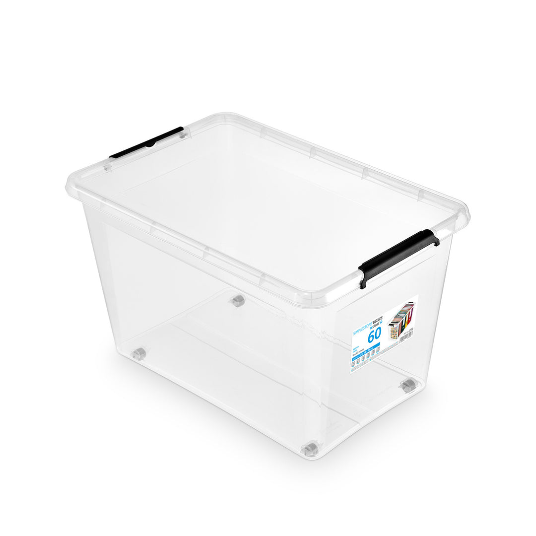 Contenedor Moxom SimpleStore, capacidad de 60 l, transparente, tapa con cierres a presión, con ruedas, sin BPA, 04-0081, 3 unidades
