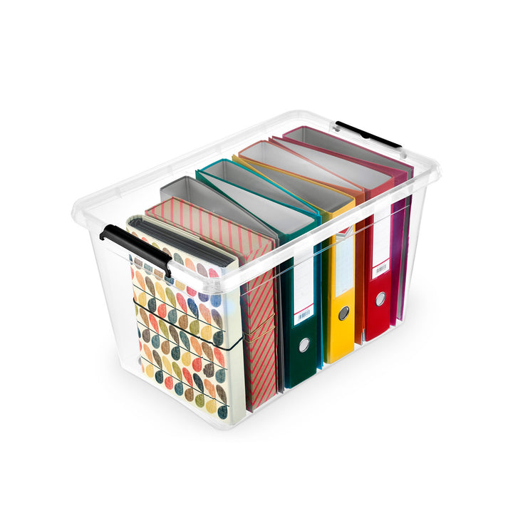 Contenedor Moxom SimpleStore, capacidad de 60 l, transparente, tapa con cierres a presión, con ruedas, sin BPA, 04-0081, 4 unidades